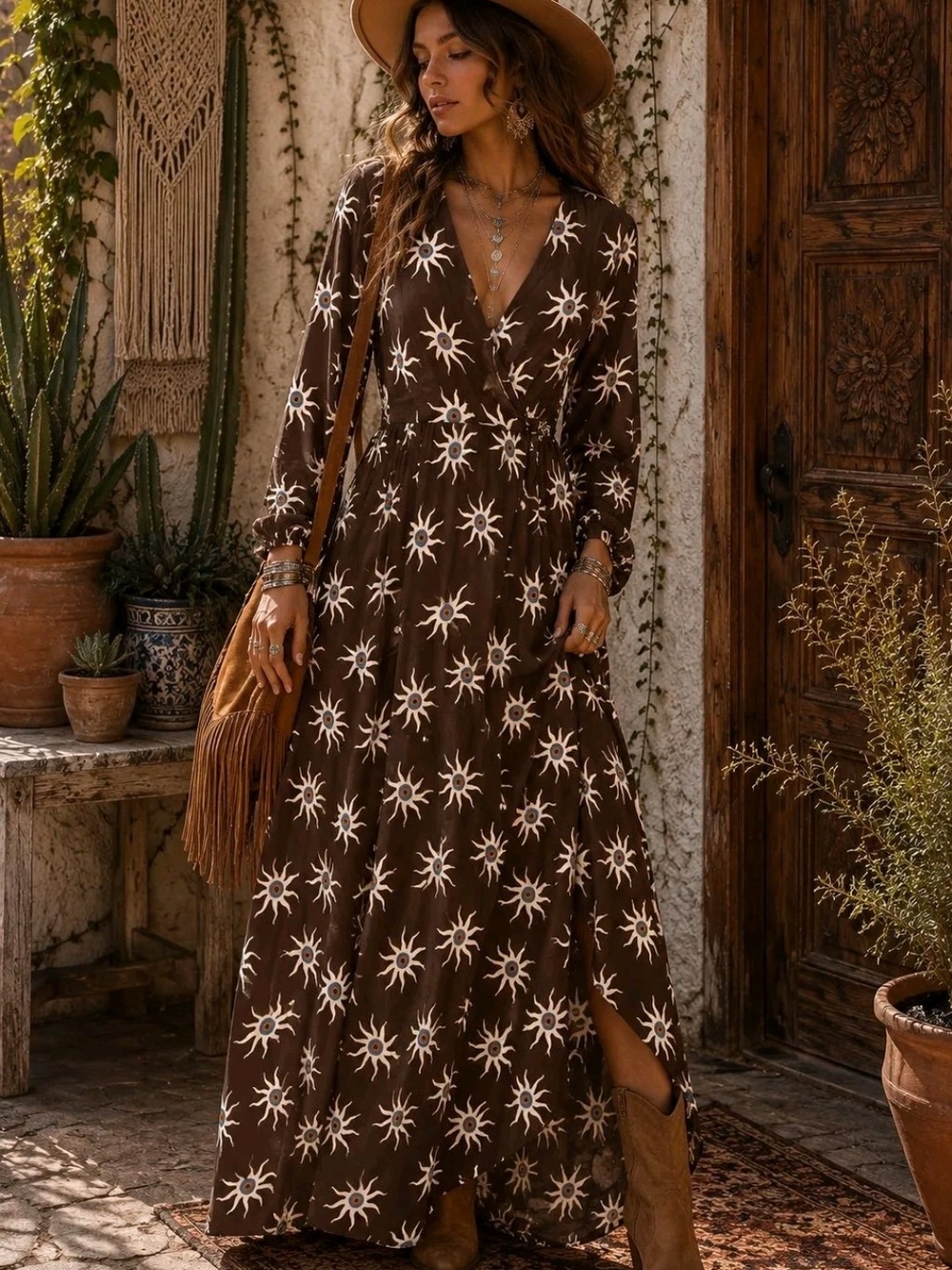 Bohemian Brown Sunburst Maxi Dress with V-Neck